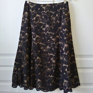Coldwater Creek Women's Navy/Tan Lace Overlay Full Midi Skirt Size 8